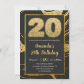 Black Golden 20th Birthday Invitation Kaart (Voorkant)