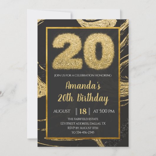 Black Golden 20th Birthday Invitation Kaart (Voorkant)