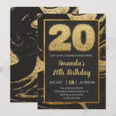 Black Golden 20th Birthday Invitation Kaart (Voorkant / Achterkant)