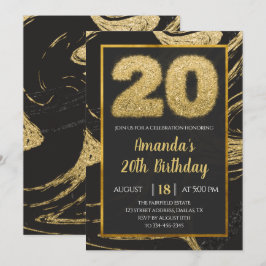 Black Golden 20th Birthday Invitation Kaart