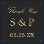 Black Golden Beige Wedding Favor Dank je Sticker<br><div class="desc">Black Golden Beige Wedding Favor Hartelijk dank Sticker, u kunt zich aanpassen aan de initialen van het paar en de datum van het huwelijk, met behulp van de online personaliseringssjabloon voordat u bestelt. De sticker heeft een stijlvolle tekst in een gouden kleur van beige (faux gold / gold look) op...</div>