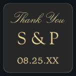 Black Golden Beige Wedding Favor Dank je Sticker<br><div class="desc">Black Golden Beige Wedding Favor Hartelijk dank Sticker, u kunt zich aanpassen aan de initialen van het paar en de datum van het huwelijk, met behulp van de online personaliseringssjabloon voordat u bestelt. De sticker heeft een stijlvolle tekst in een gouden kleur van beige (faux gold / gold look) op...</div>
