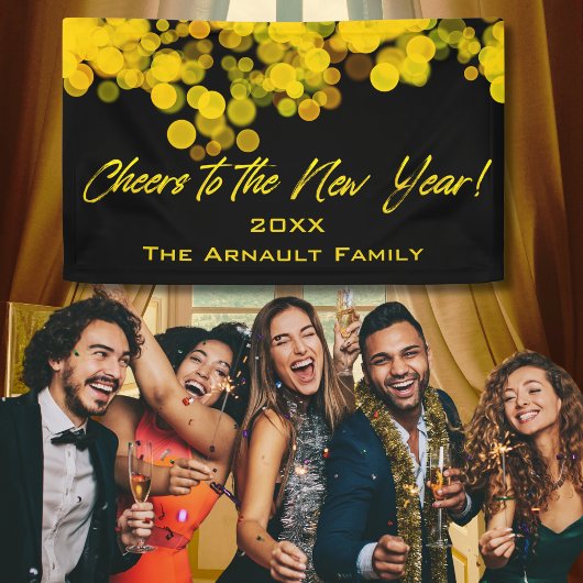 Black Golden Bokeh Lights Hoera voor het nieuwe ja Spandoek