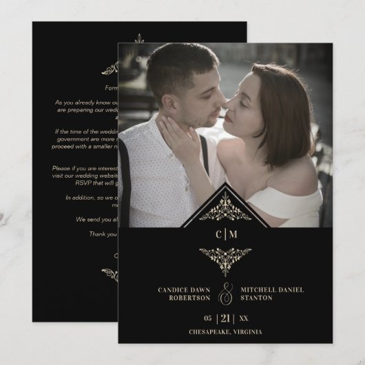 Black Golden Chic Lace Romantic Couple Wedding Save The Date (Voorkant / Achterkant)