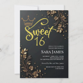 Black Golden Floral Sweet 16 Birthday Kaart