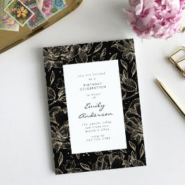Black Golden Hand Drawn Floral Birthday Invitation Kaart