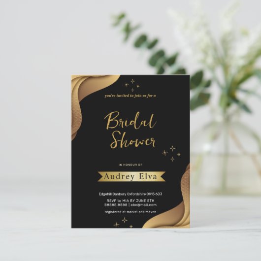 Black & Golden Minimalist Bruids Douche Uitnodigin Kaart (Staand voorkant)