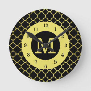 Black Golden Quatrefoil Monogrammed  Ronde Klok