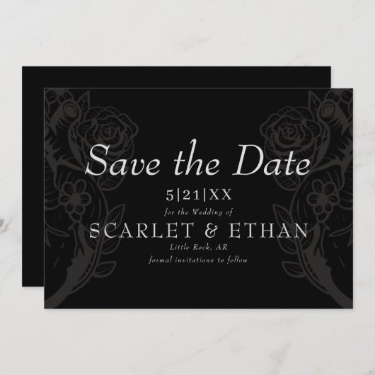 Black gothic Floral Heart Modern Wedding Save The Date (Voorkant / Achterkant)