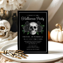 Black Gothic Floral Skull Halloween Invitation