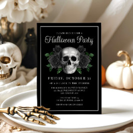 Black Gothic Floral Skull Halloween Invitation Kaart