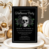 Black Gothic Floral Skull Halloween Invitation Kaart
