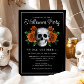 Black Gothic Floral Skull Halloween Invitation Kaart