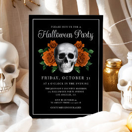 Black Gothic Floral Skull Halloween Invitation Kaart