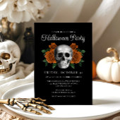 Black Gothic Floral Skull Halloween Invitation Kaart