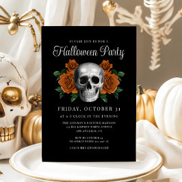 Black Gothic Floral Skull Halloween Invitation Kaart