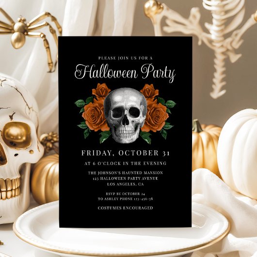 Black Gothic Floral Skull Halloween Invitation Kaart