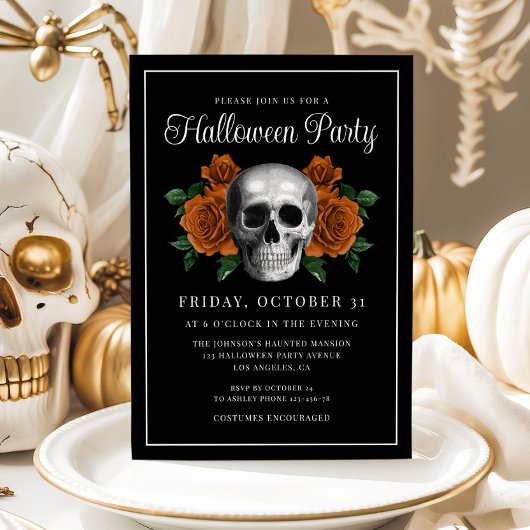 Black Gothic Floral Skull Halloween Invitation Kaart
