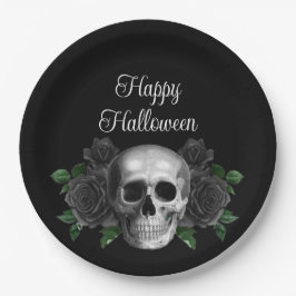 Black Gothic Floral Skull Halloween Papieren Bordje