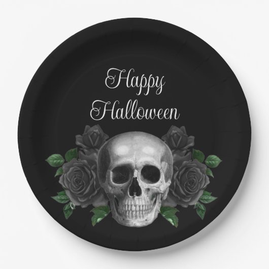 Black Gothic Floral Skull Halloween Papieren Bordje (Voorkant)