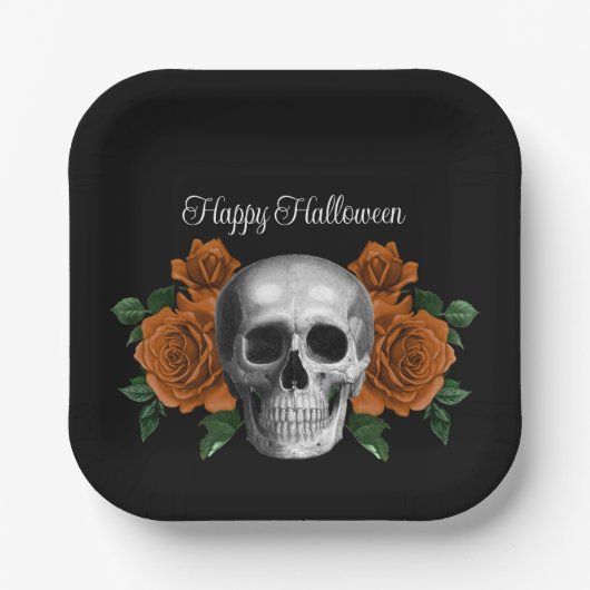 Black Gothic Floral Skull Halloween Papieren Bordje (Voorkant)