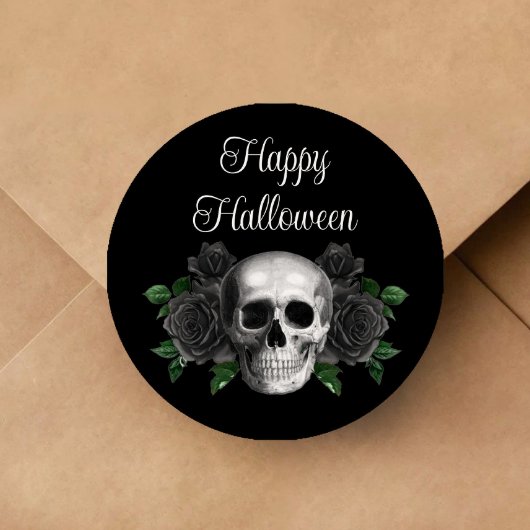 Black Gothic Floral Skull Halloween Ronde Sticker