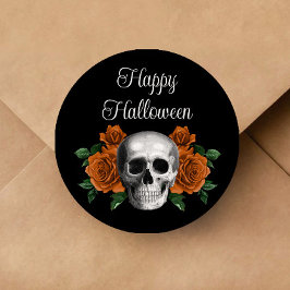Black Gothic Floral Skull Halloween Ronde Sticker
