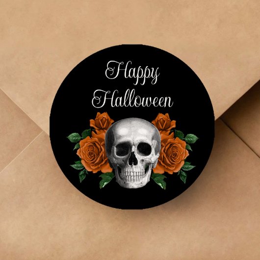 Black Gothic Floral Skull Halloween Ronde Sticker