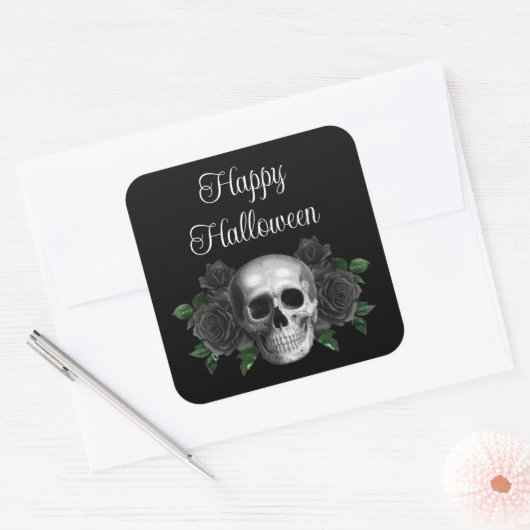 Black Gothic Floral Skull Halloween Vierkante Sticker (Envelop)