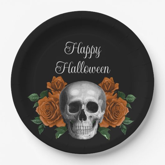 Black Gothic Floral Skull Happy Halloween Papieren Bordje (Voorkant)