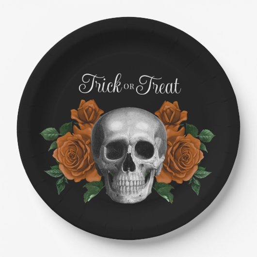 Black Gothic Floral Skull Trick Or Treat Halloween Papieren Bordje (Voorkant)