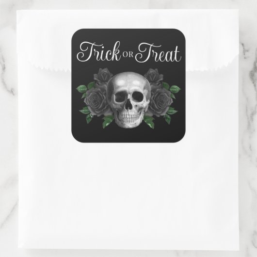 Black Gothic Floral Skull Trick Or Treat Halloween Vierkante Sticker (Tas)