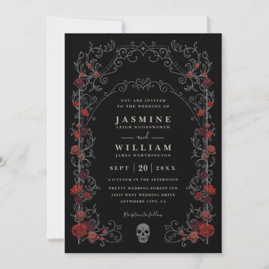Black Gothic Gate Romance Elegant QR Code Wedding Kaart (Voorkant)