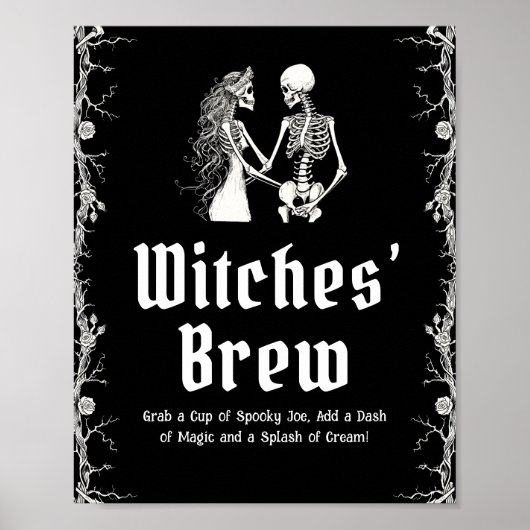 Black Gothic Halloween Skeleton Witches 'Brew Sign Poster (Voorkant)