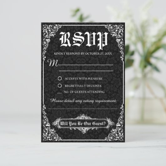 Black gothic Victoriaans Damask Wedding RSVP-kaart Kaart (Staand voorkant)