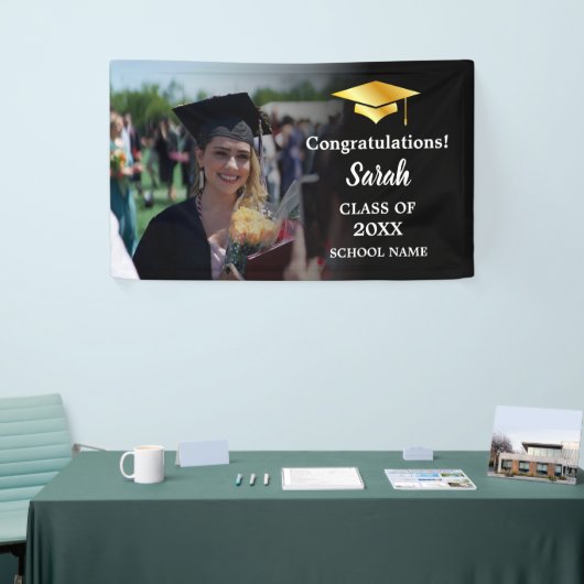 Black | Goud Afstuderen Custom Fotoklasse van 2025 Spandoek (Beurs)