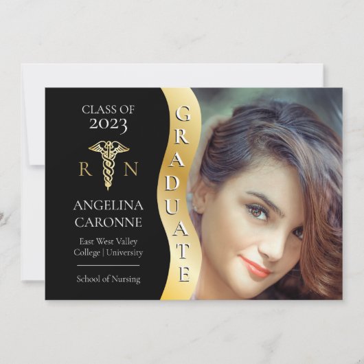 Black |Goud Afstuderen Golf Caduceus RN Nursing Af Aankondiging (Voorkant)