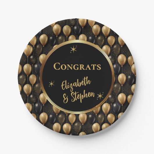 Black | Gouden ballonnen Gefeliciteerd Namen Papieren Bordje (Voorkant)