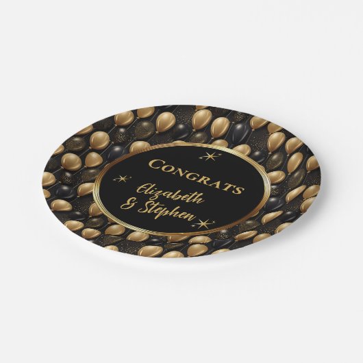 Black | Gouden ballonnen Gefeliciteerd Namen Papieren Bordje (Gekanteld)