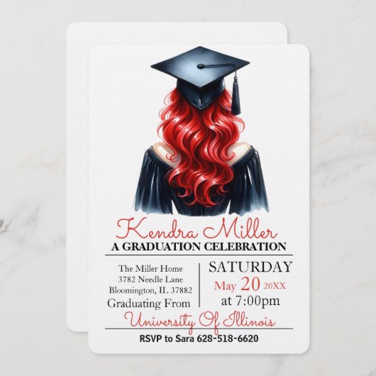 Black Gown Waterverf Afstuderen uitnodiging (Voorkant / Achterkant)