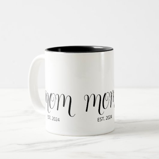 Black Graceful Script Established New Mom Tweekleurige Koffiemok (Voorkant links)