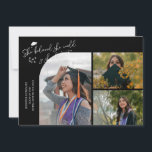 Black Graduate She Believed Multi Photo Aankondiging<br><div class="desc">Modern and whimsical graduation announcement photo card featuring 3 photos on the front and 1 on the back. The text says "She believed she could so she did" with twinkling stars. Add the graduate's name,  information,  and message to personalize this card. Black.</div>