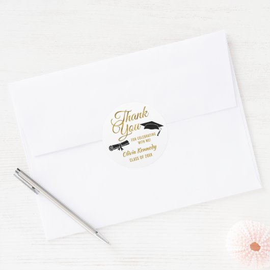 Black Graduation Cap Gold Thank You Script Favor Ronde Sticker (Envelop)