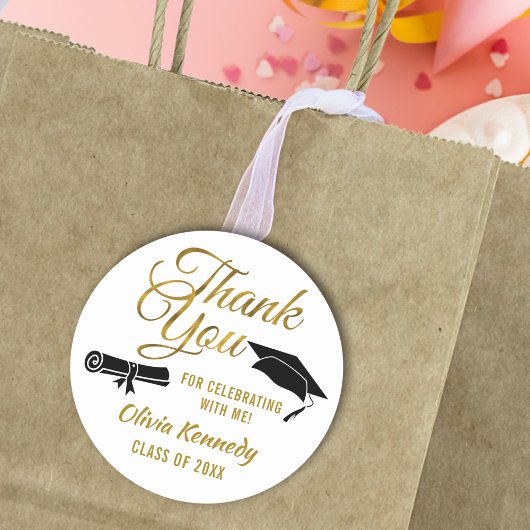 Black Graduation Cap Gold Thank You Script Favor Ronde Sticker