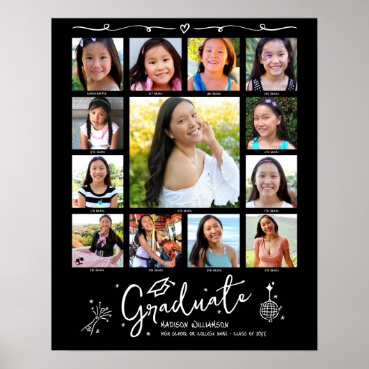 Black Graduation K–12 Photo Collage White Doodles Poster (Voorkant)