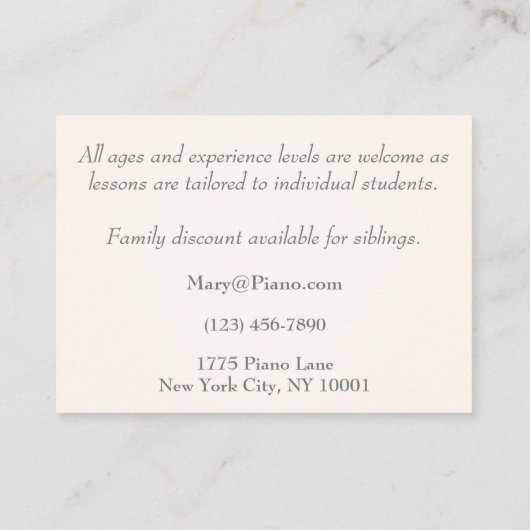 Black Grand Piano Music Professional en Educator Visitekaartje (Achterkant)
