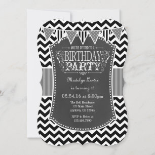 Black Gray Chalkboard Chevron Birthday Invite Kaart