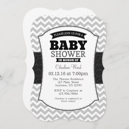 Black Gray Chevron Baby shower Uitnodiging (Voorkant / Achterkant)