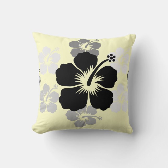 Black Gray Hibiscus yellow American MoJo Pillow Kussen (Voorkant)
