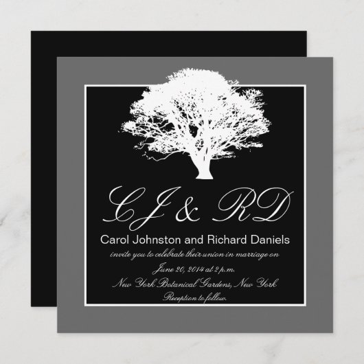 Black Gray Monograms Wedding Invitting Tree Kaart (Voorkant / Achterkant)